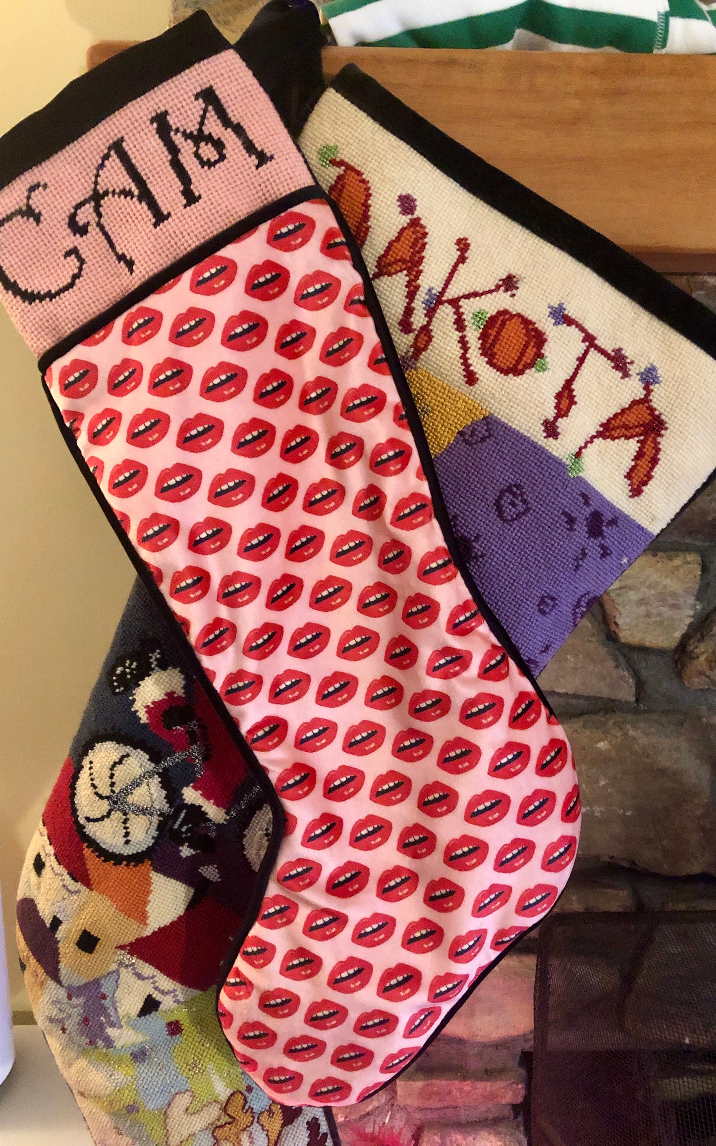 velvet KISS KISS STOCKING with needlepoint name
