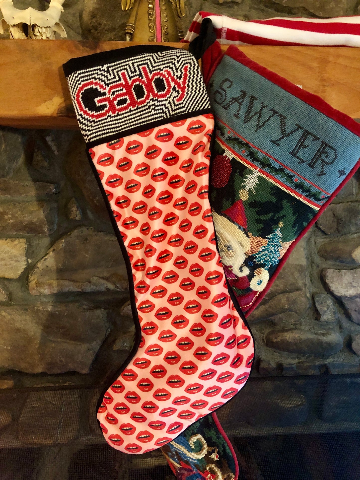 velvet KISS KISS STOCKING with needlepoint name