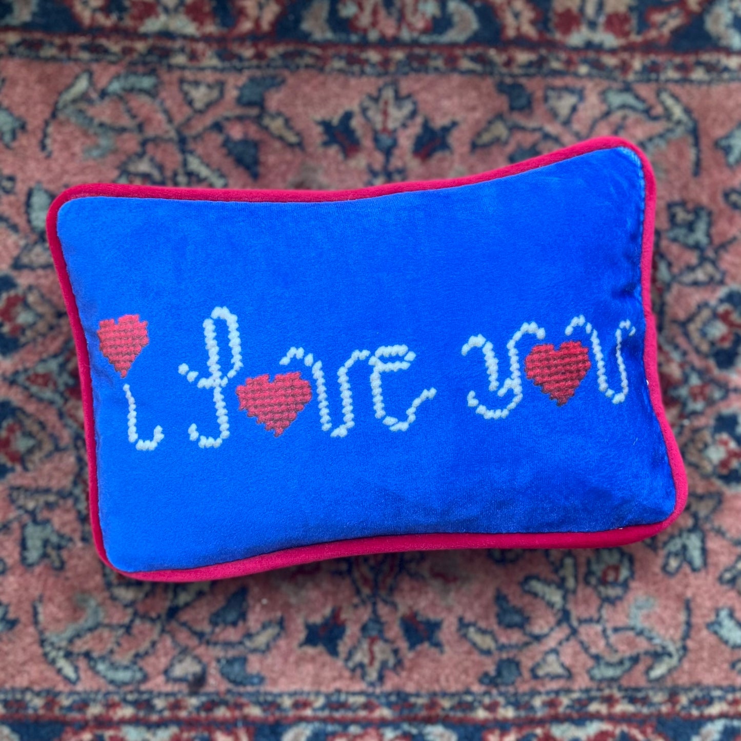 I LOVE YOU blue velvet toss pillow