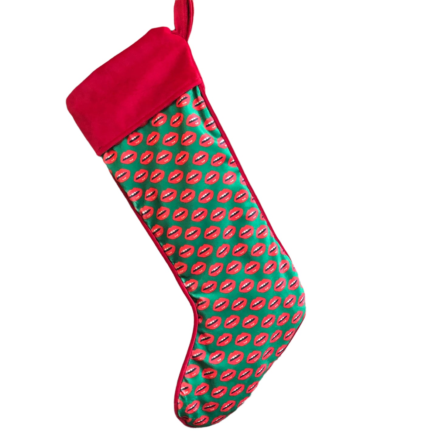 VELVET LIPS STOCKING with hand-embroidered needlepoint name
