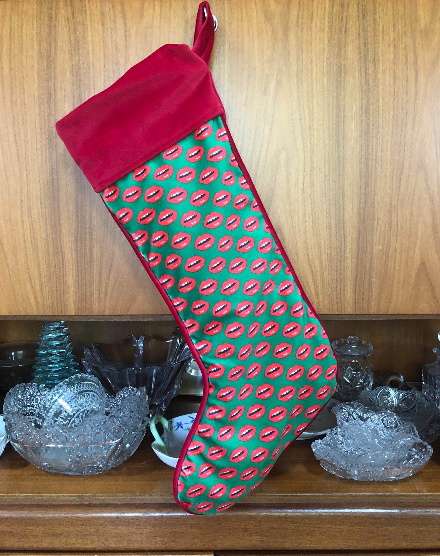 VELVET LIPS STOCKING with hand-embroidered needlepoint name