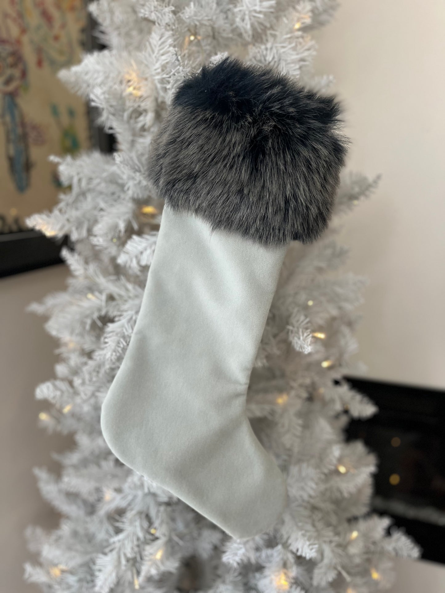 FROSTY BLUE VELVET STOCKING with crazy oversized cuff