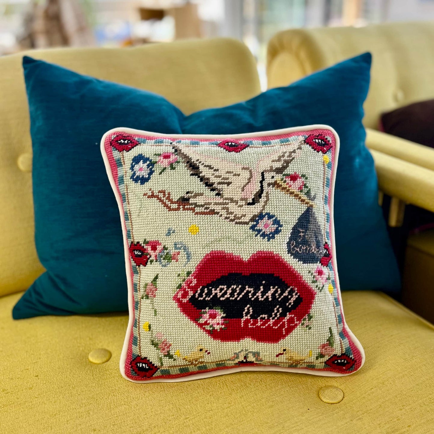 hand-embroidered needlepoint F-BOMB original pillow