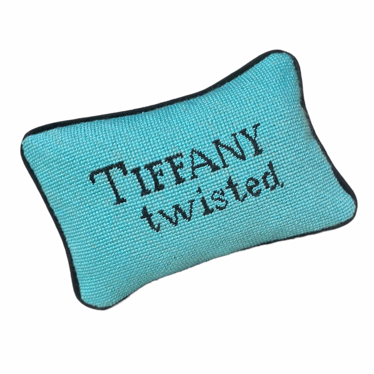 needlepoint Tiffany colored pillow reads "Tiffany Twisted" in black silk. One of a kind pillow.