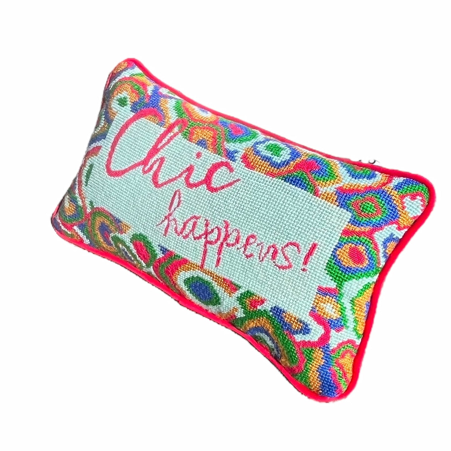 hand-embroidered needlepoint pillow features red, green, blue & gold paisley border with "Chic Happens!" written in red in the center