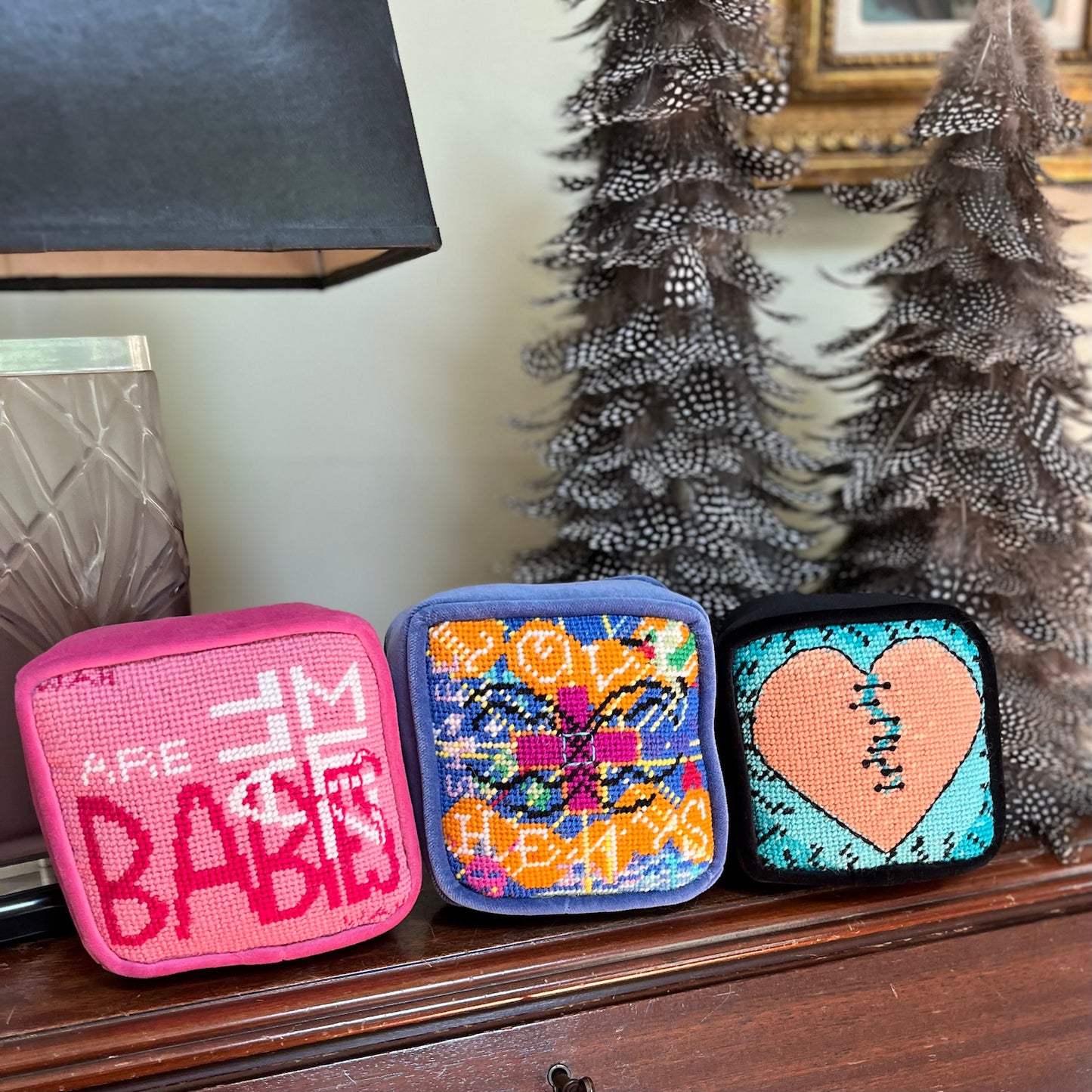 needlepoint BENT heart objet d'art pillow box