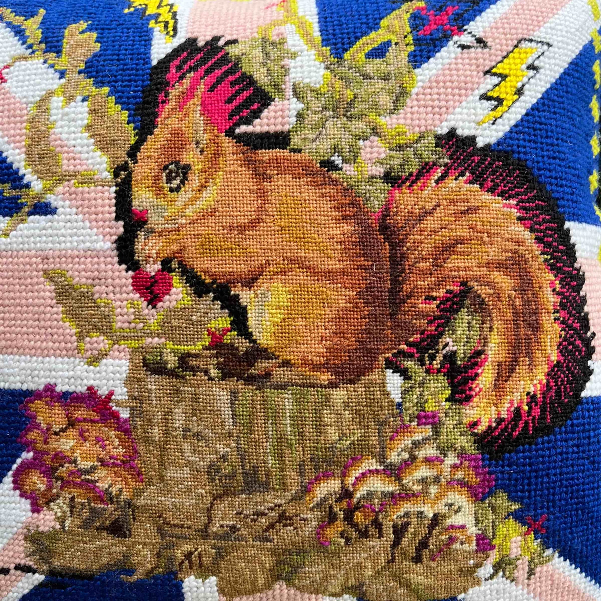 squirrel with hot pink mohawk sits on a tree stump, surrounded by mushrooms and British flag