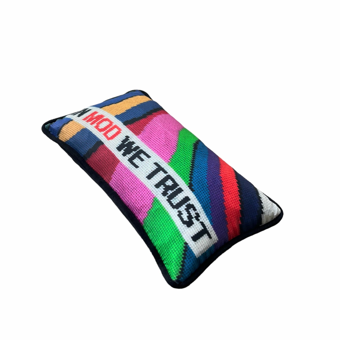 IN MOD WE TRUST sits in a white rectangular box with wavy color bands in background