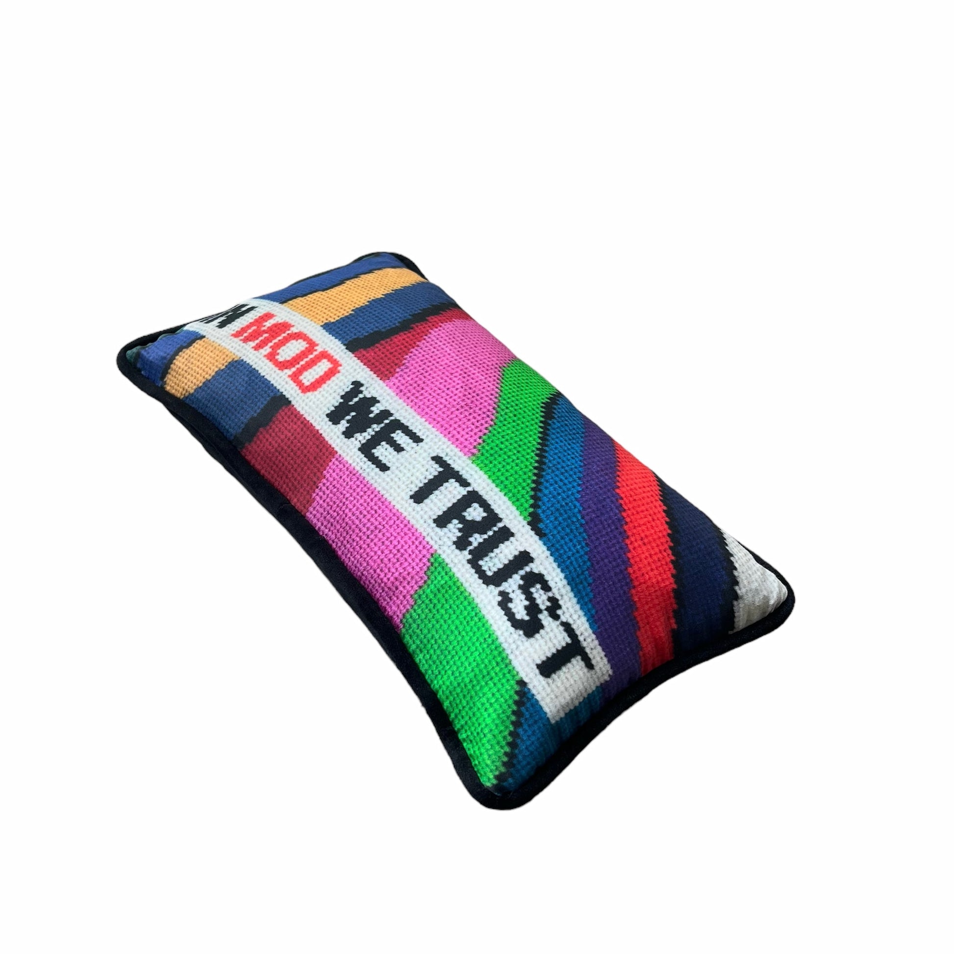IN MOD WE TRUST sits in a white rectangular box with wavy color bands in background