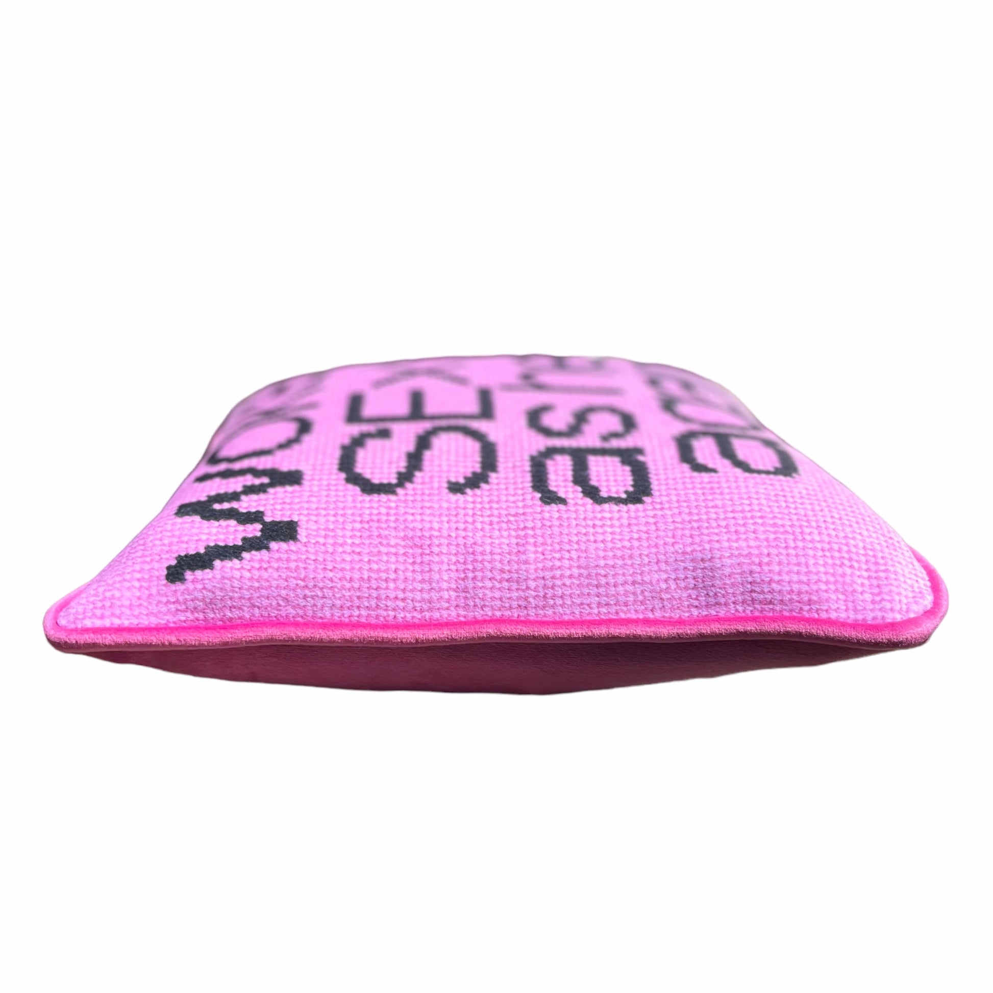 pink velvet with black script reading WOKE UP SEXY AS HELL AGAIN on full face of pillow