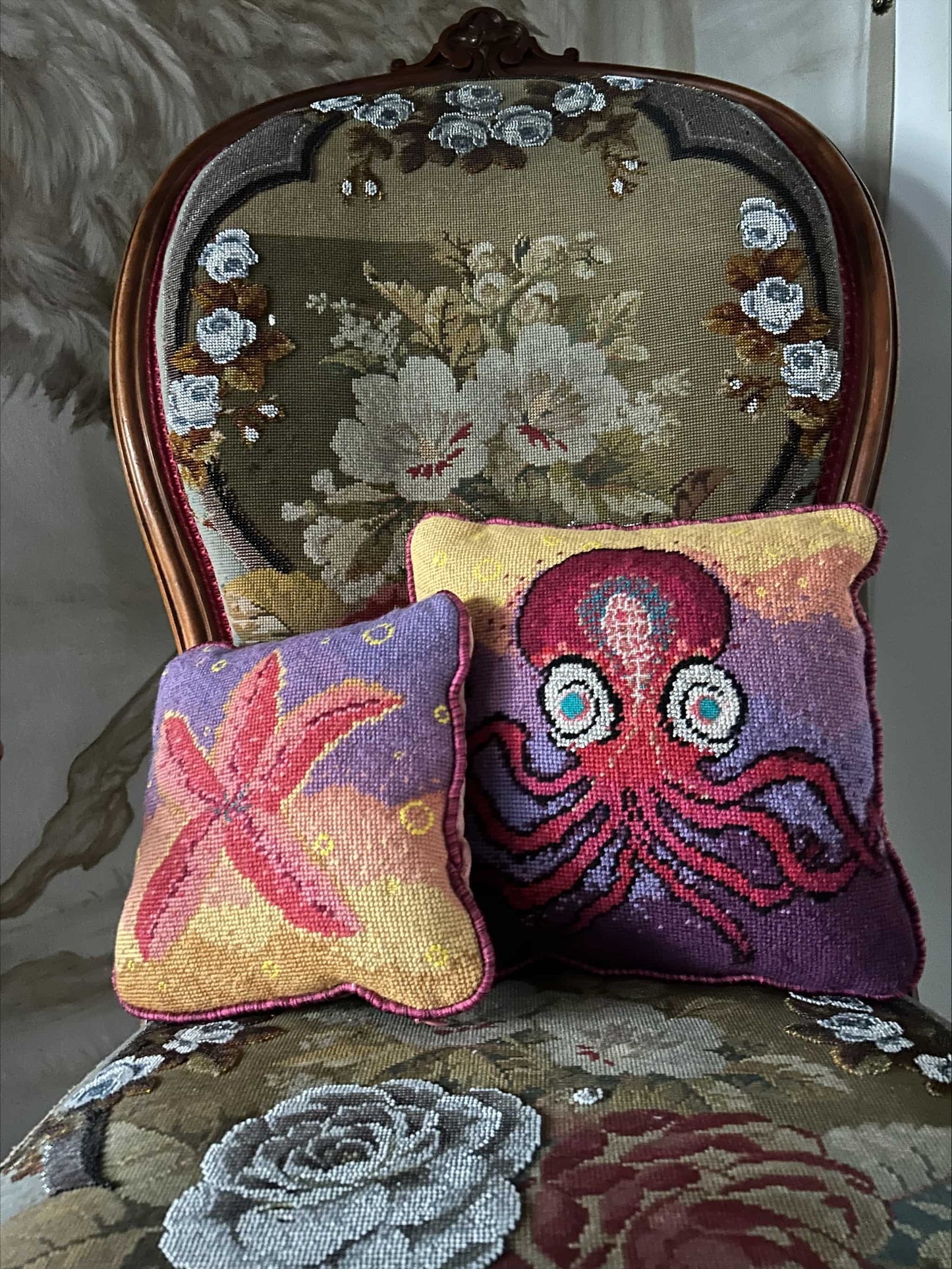 Harry Heissmann x Mommani Threads hand-embroidered OCTI needlepoint pillow