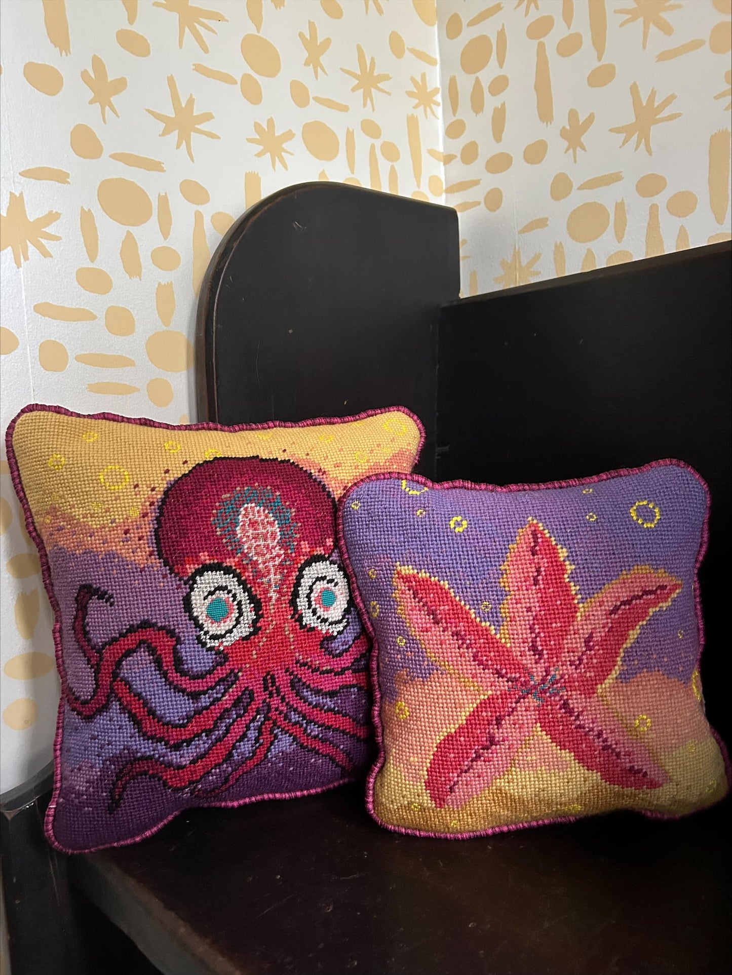 Harry Heissmann x Mommani Threads hand-embroidered STARRY needlepoint pillow