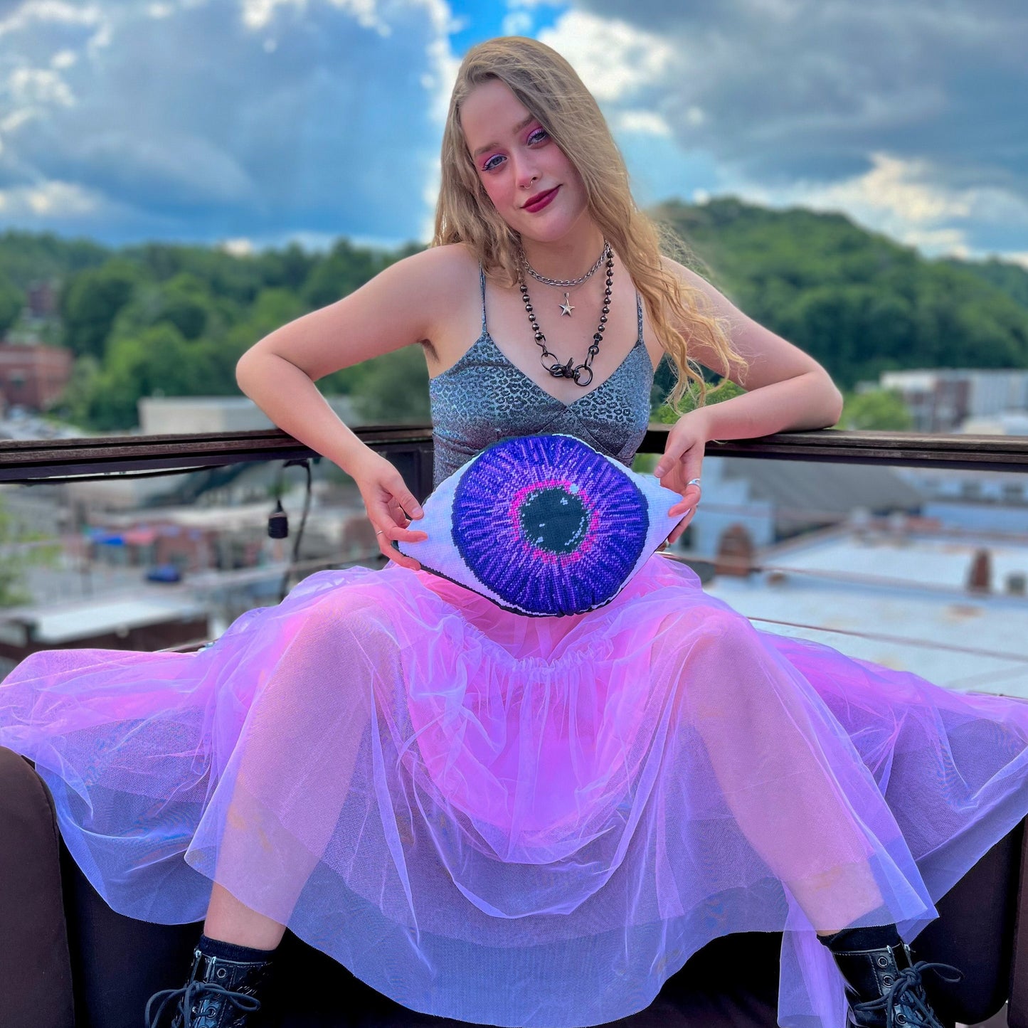 oversized sculpted velvet purple eye with blonde model
