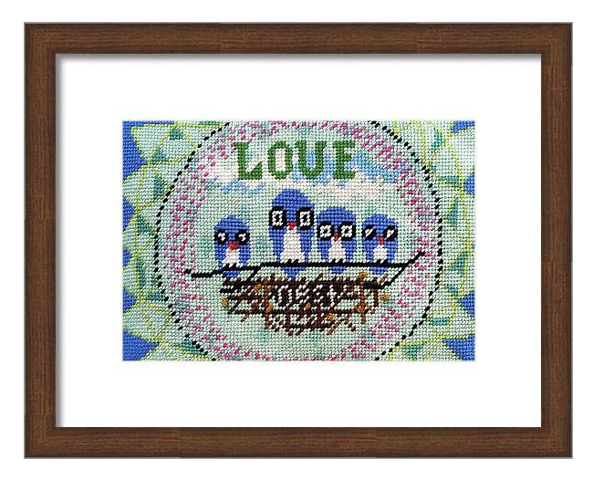 blue owls sit on next with pink circle and blue-green sun elements behind them