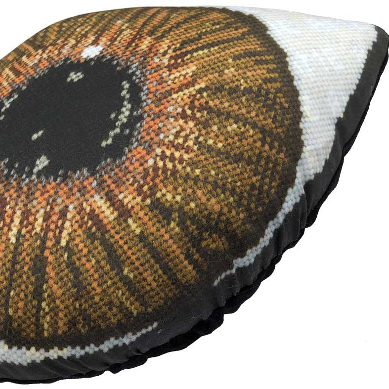 brown eye sculpted pillow has iris is gold at center, gradually turning to a dark brown - very detailed