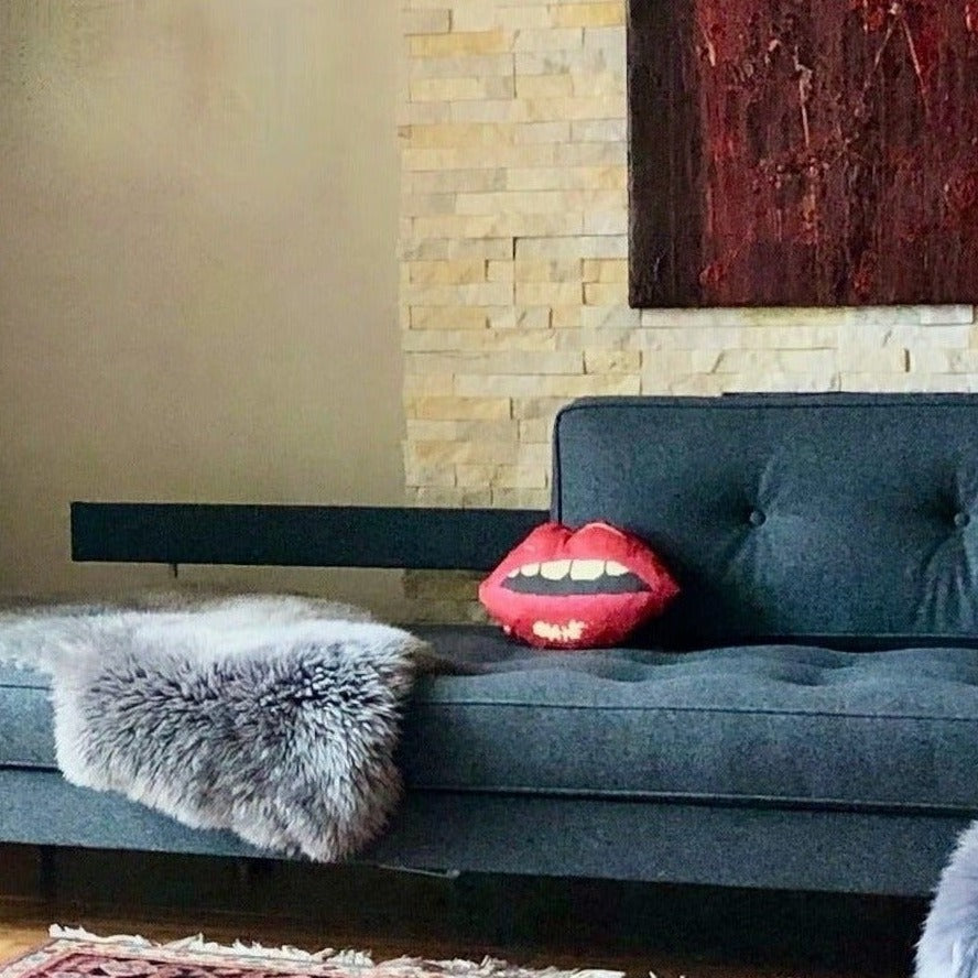 Sculpted red lips pillow features red lips with open mouth & gapped teeth. Featured on Disney+ High School Musical The Series