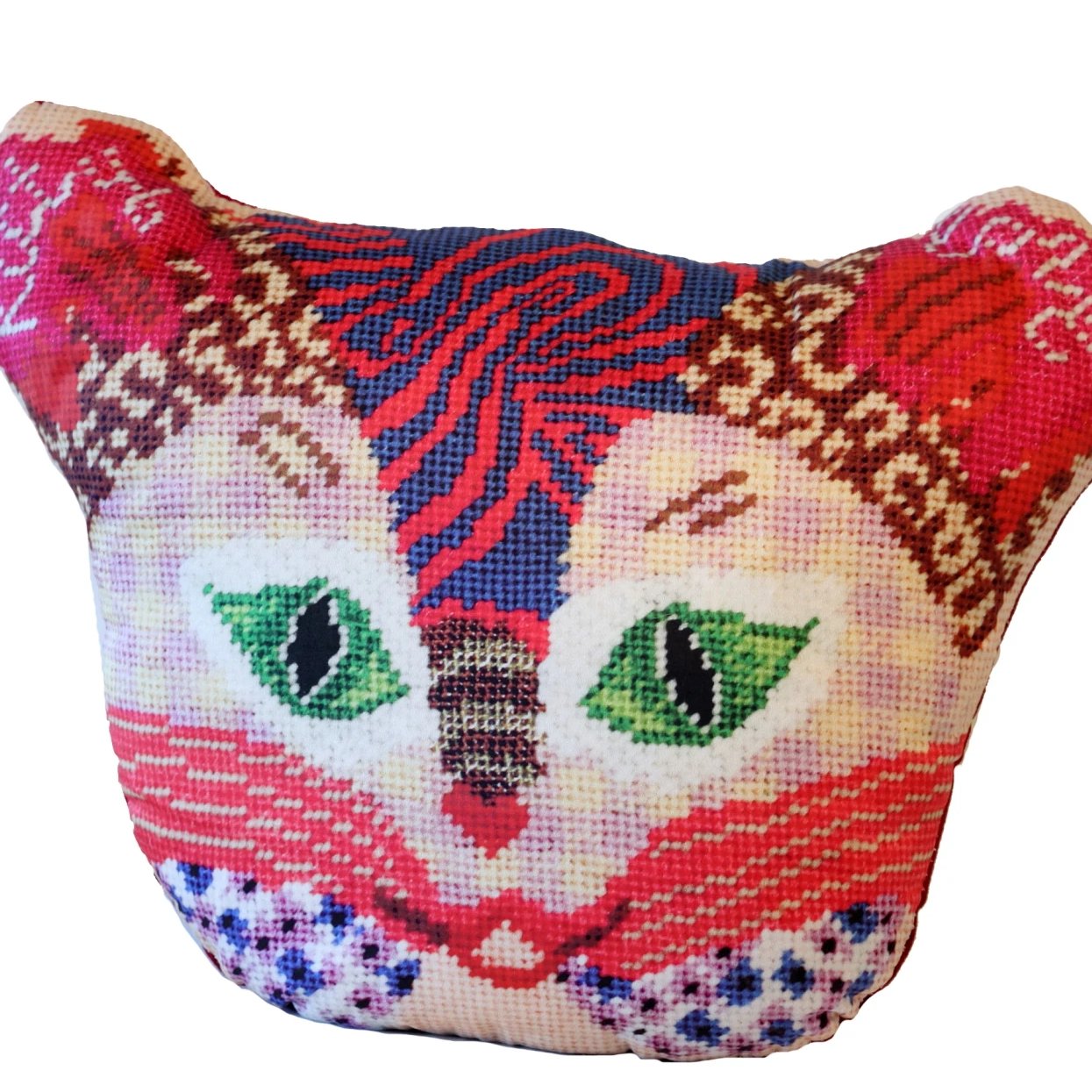 Multi-patterned sculpted cat in primarily pink and red colored with a checked face, swirls, leopard print , green eyes & flowers. Kitty Love is written on the ears.