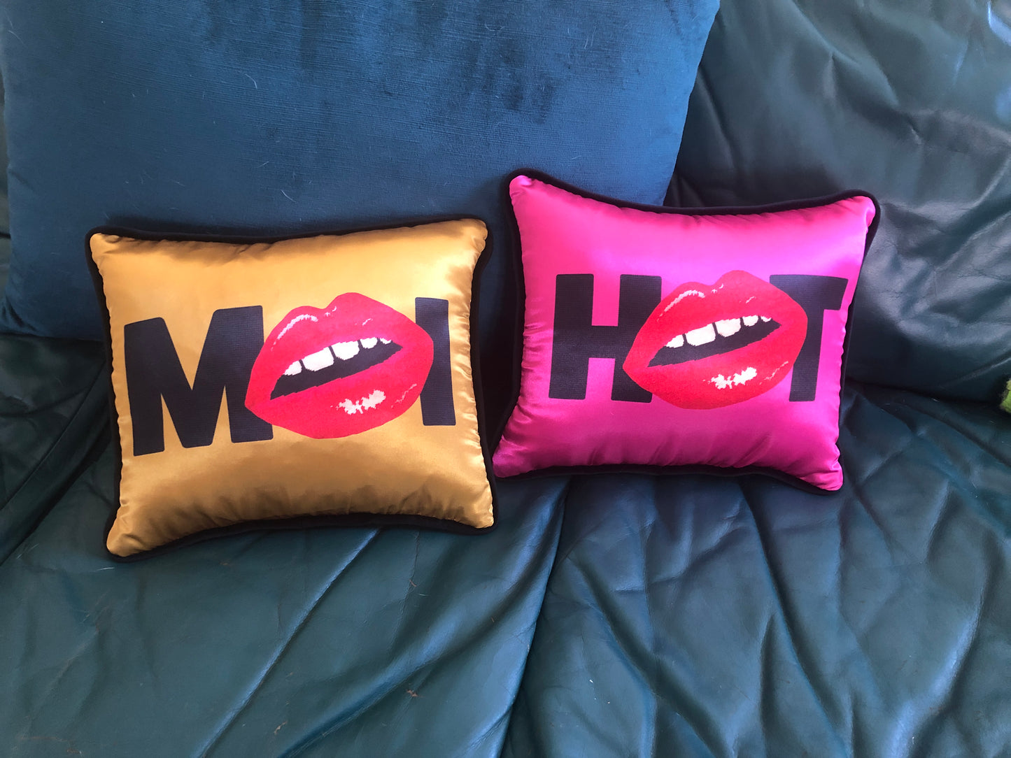 jewel-toned hot pink satin pillow with black HOT and red lips for O