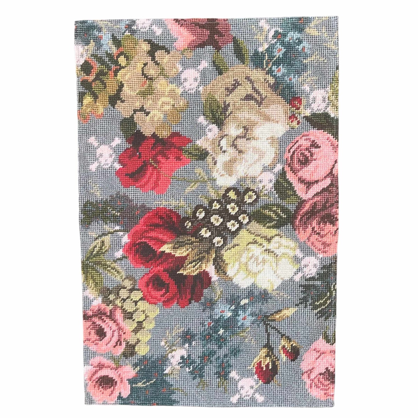 English roses smattered on a grey background with baby pink skulls & crossbones