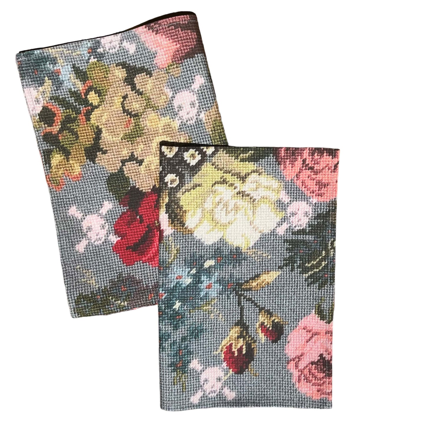 English roses smattered on a grey background with baby pink skulls & crossbones