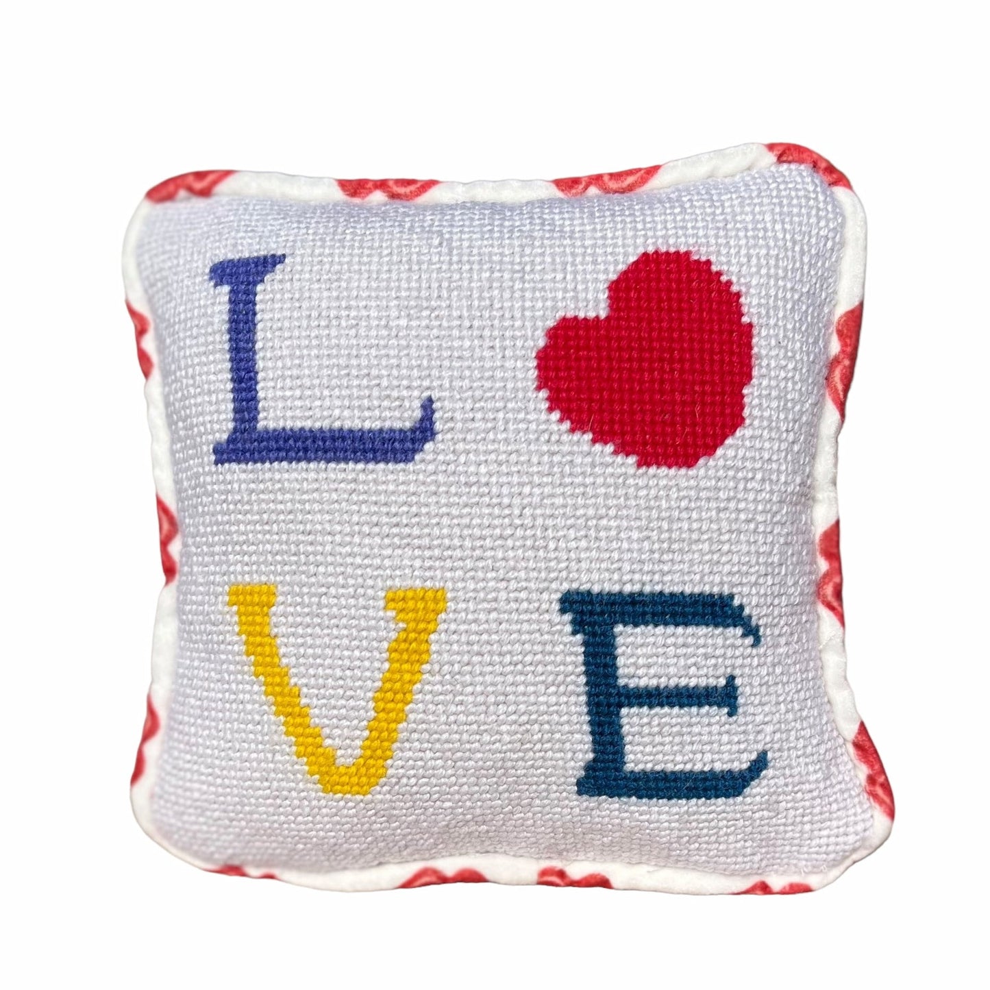 needlepoint LOVE with heart O on white silk background with velvet lips border