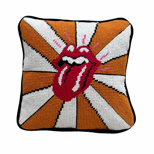 the rolling stones tongue with pink highlights on a gold and white fanned out background