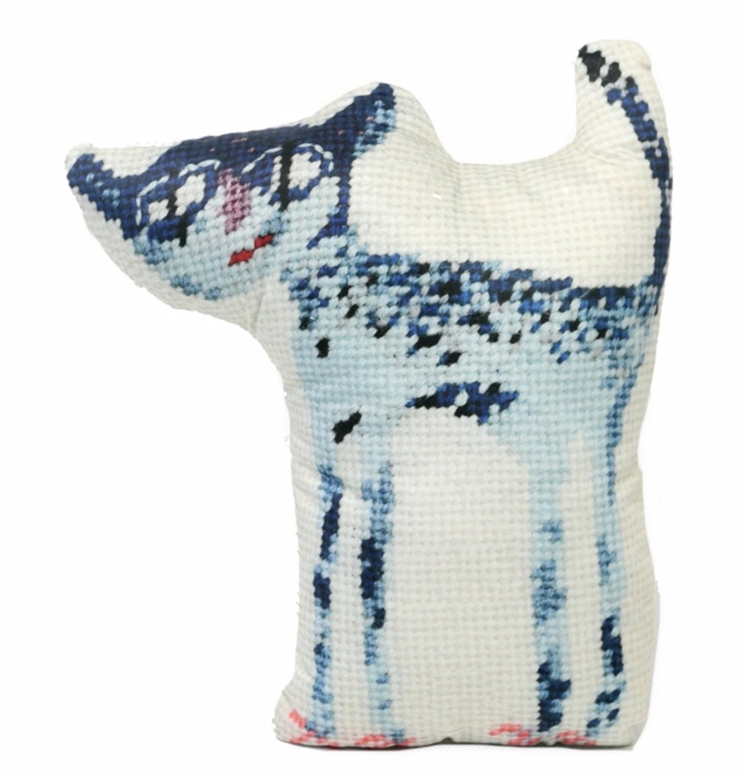 sculpted blue cat with big eyes, pink toenails and tail in the air