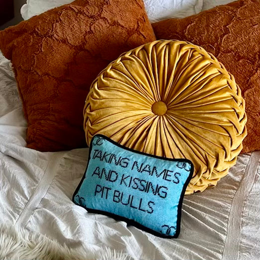baby blue velvet pillow with black T AKING NAMES AND KISSING PIT BULLS centered; Chanel-looking C on corners