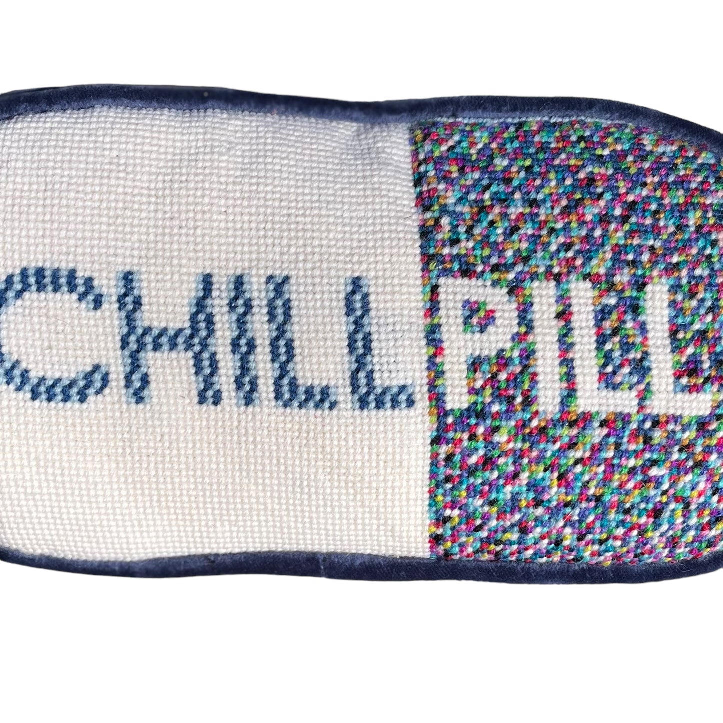 needlepoint sculpted CHILL PILL hand-embroidered pillow