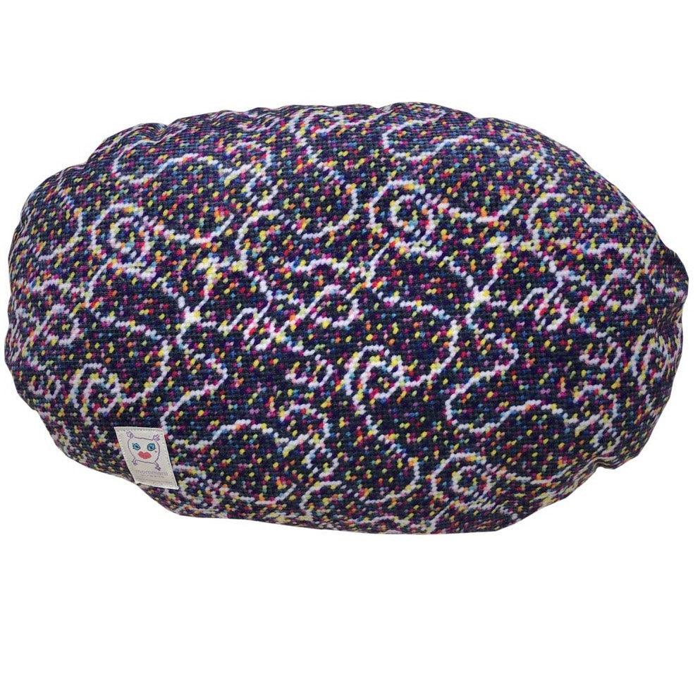 velvet fabric with white swirls on gray background with tiny multi-colored dots