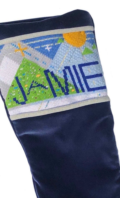 VELVET STOCKING with hand-embroidered needlepoint name