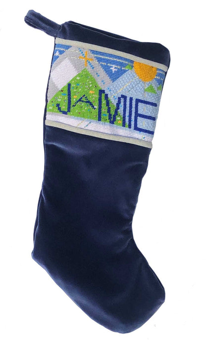 VELVET STOCKING with hand-embroidered needlepoint name