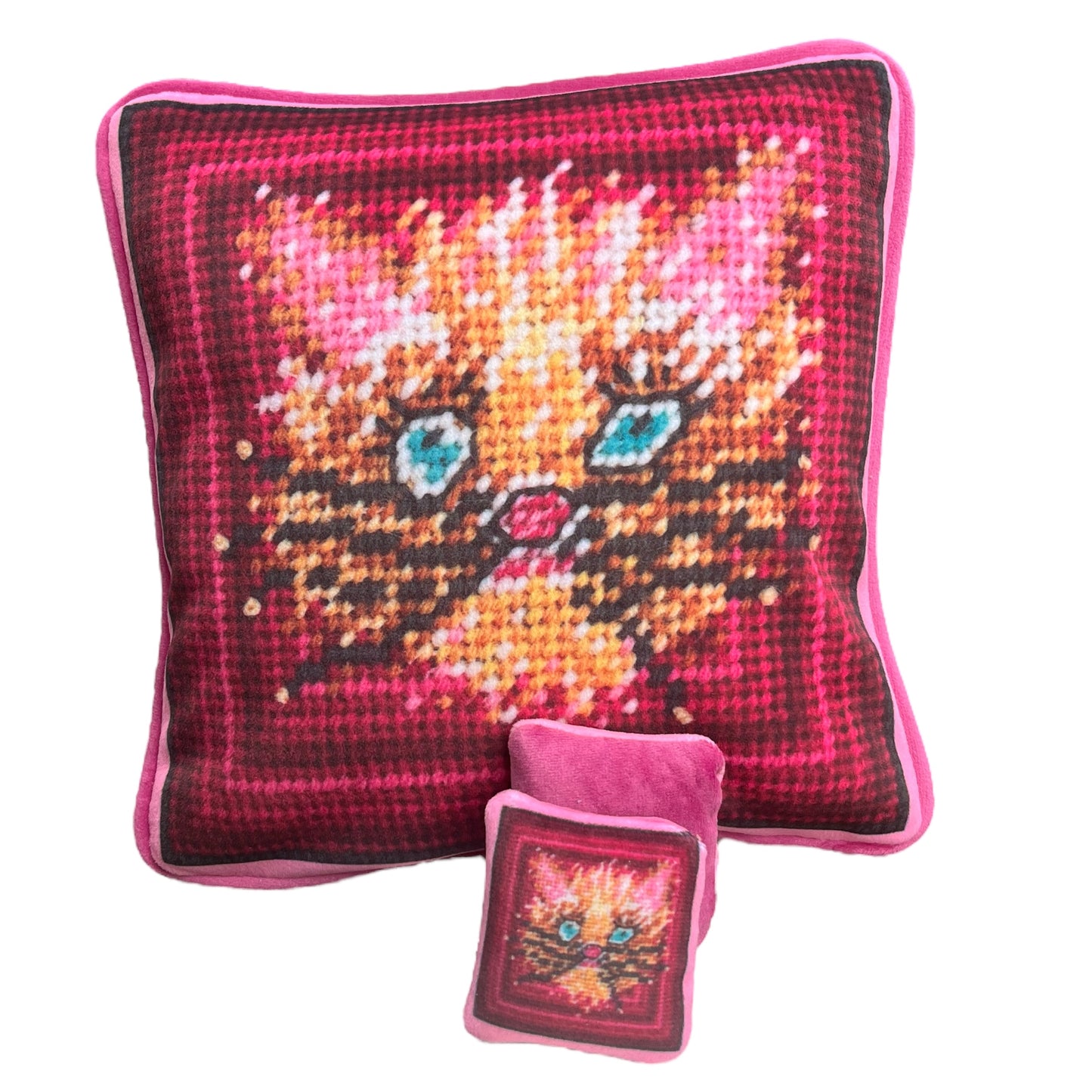 organic French lavender sachet and pillow of wild blue eyed cat in whimsical gold and pink with pinkish frame