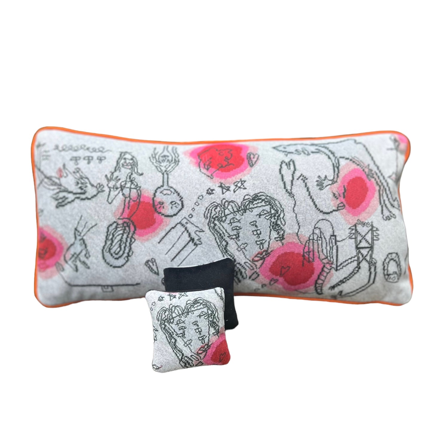 white organic lavender sachet with abstract  face, pink & red highlights