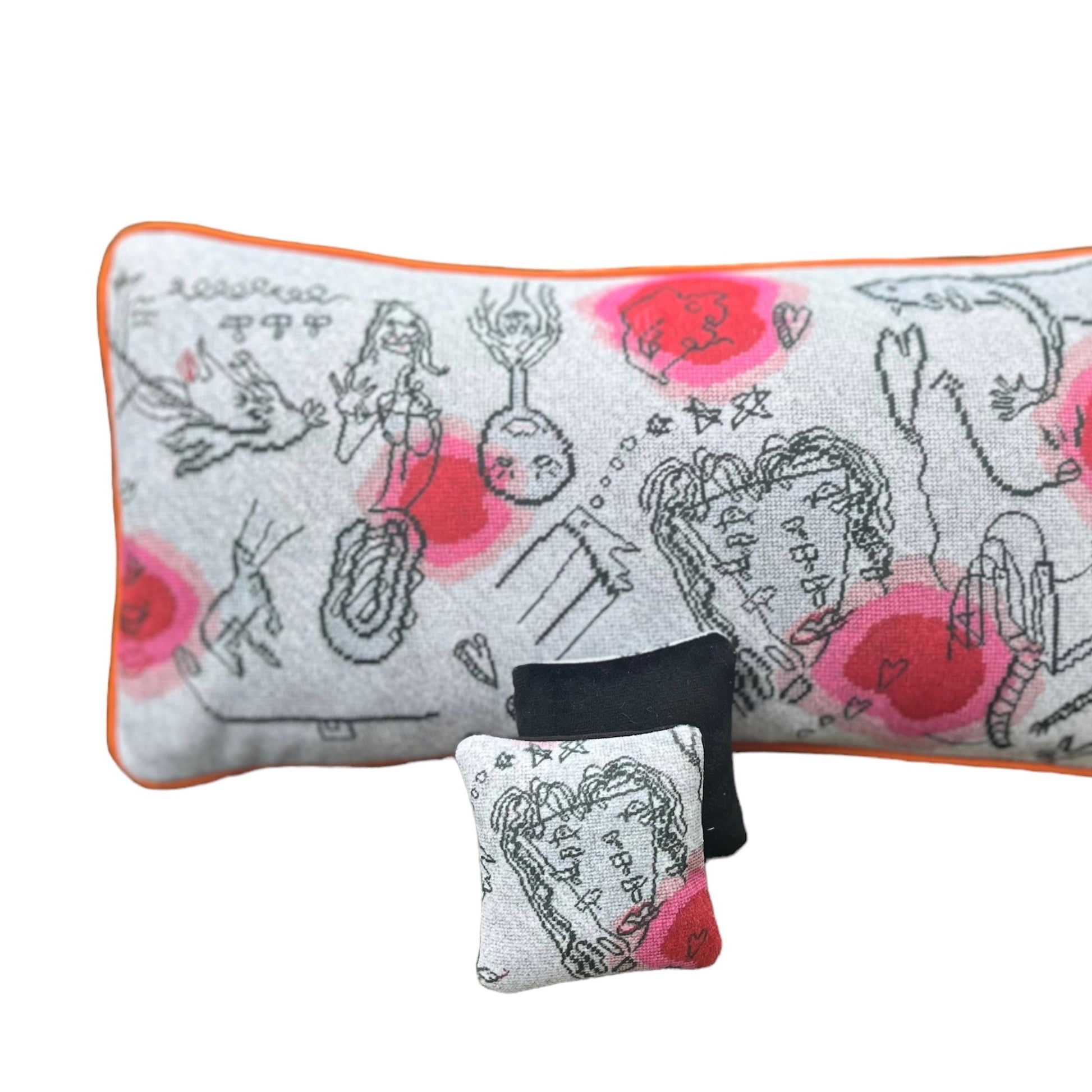 https://mommanithreads.com/products/organic-french-lavender-live-wire-handmade-sachetintricate, eclectic drawings collide on a white background with red and pink blob accents