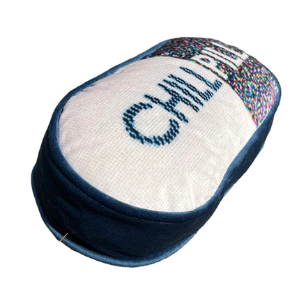 pill shaped pillow with CHILL PILL centered; 1/2 white background and multi-colored dots on the word PILL