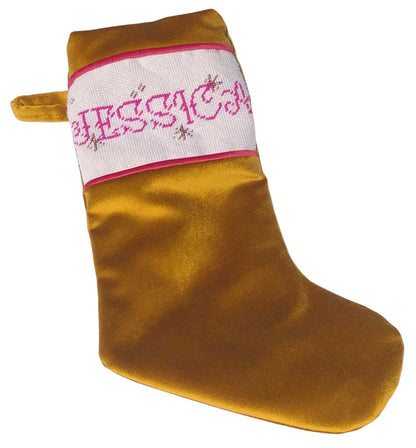 VELVET STOCKING with hand-embroidered needlepoint name
