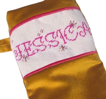 VELVET STOCKING with hand-embroidered needlepoint name