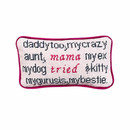 hand-embroidered needlepoint MAMA TRIED pillow