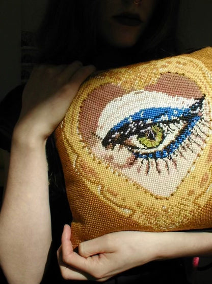 Haricot Vert x Mommani Threads HEARTFELT GLIMPSE hand-embroidered needlepoint pillow, one of a kind