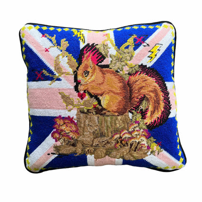 squirrel with hot pink mohawk sits on a tree stump, surrounded by mushrooms and British flag