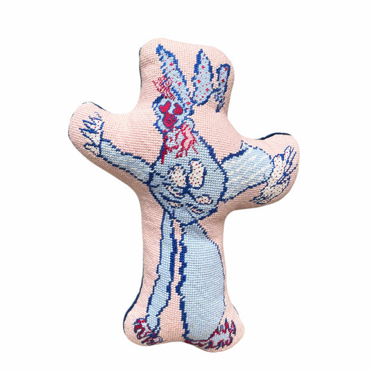 hand-embroidered needlepoint MOMster sculpted pillow