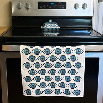tea towel covered in blue eyes
