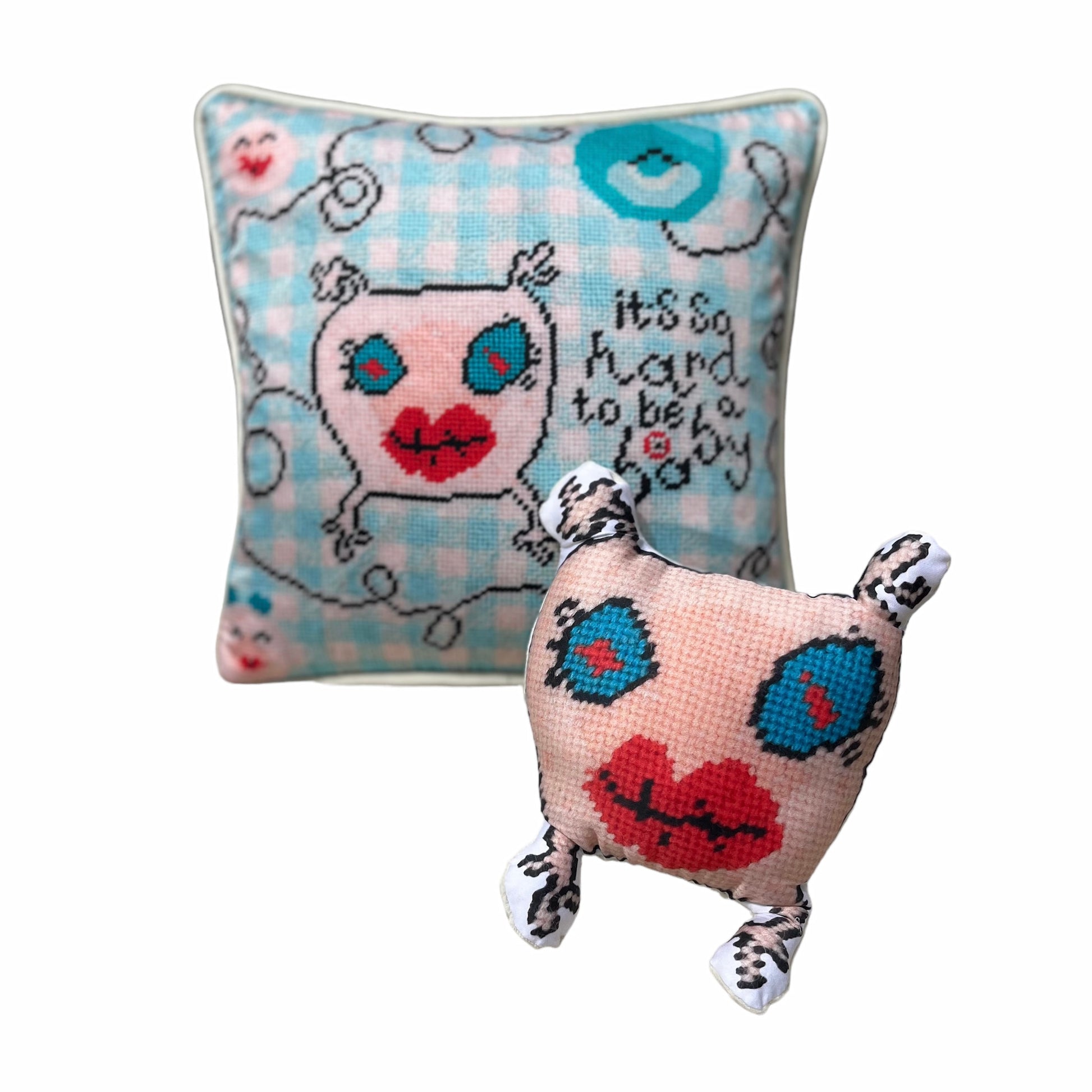 sweet monster sculpted plush pillow with big blue eyes and lips