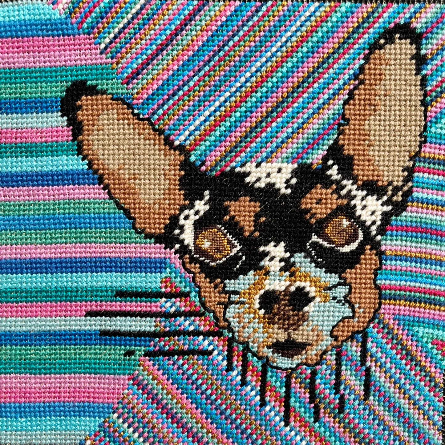 big-eared brown dog with baby blue accents, colorful abstract background