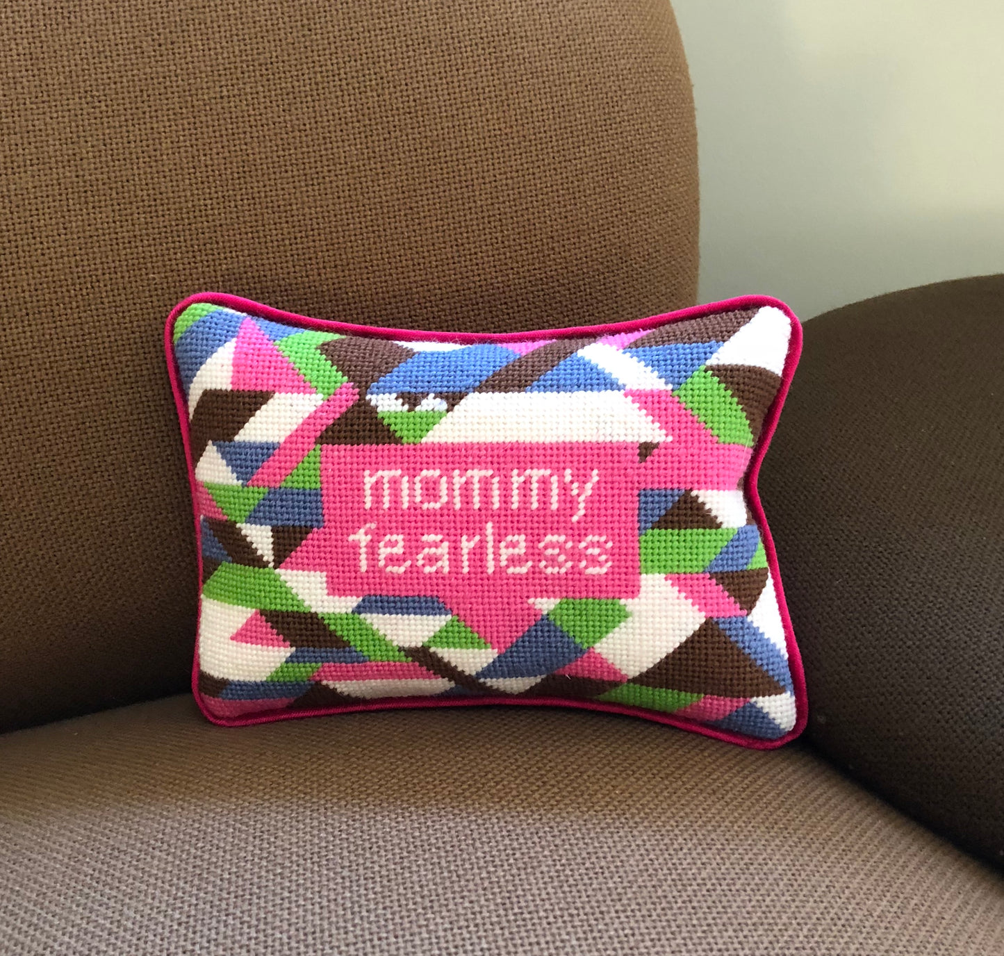 needlepoint MOMMY FEARLESS hand-embroidered pillow