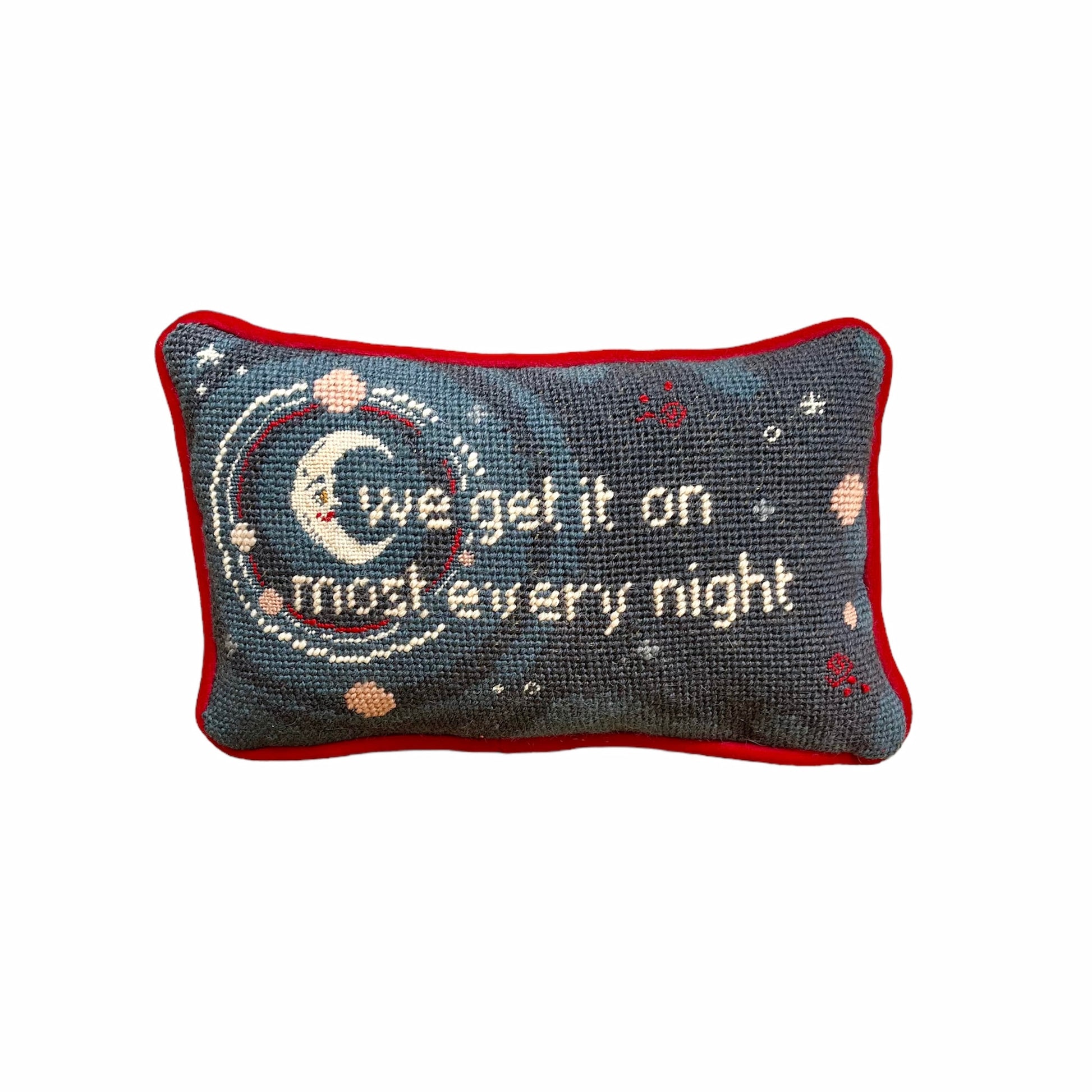 detailed crescent moon with text reading "we get it on most every night" with stars and planets, night time blue shading