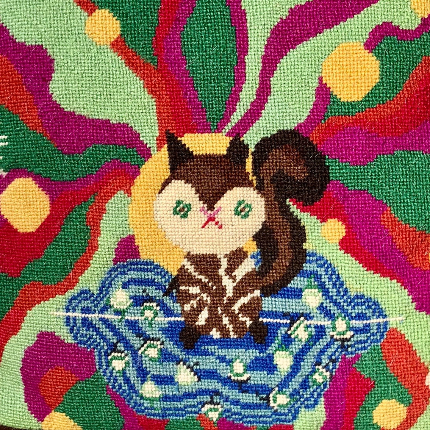 needlepoint PSYCHEDELIC SQUIRREL hand-stitched original pillow