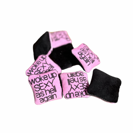 organic French lavender sachet is pink velvet with black text reading, "woke up sexy as hell againl"