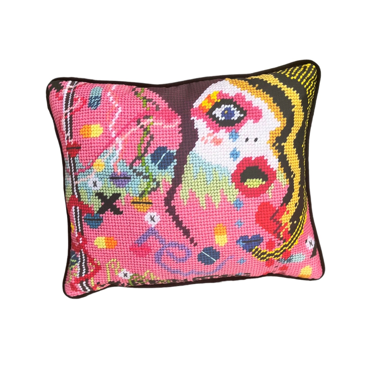 modern woman's face with mouth open; a smattering of cool snakes with lips; pills; XO . Super colorful pink velvet background with lots of blues, greens, red hearts. Super fun pop art!